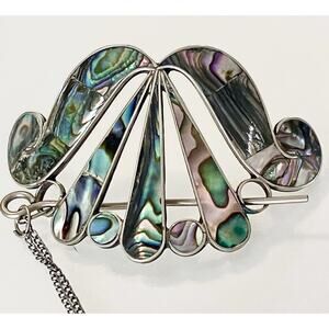 Vintage Abalone Inlay Silver Hair Clip Alpaca Mexico Deco Nouveau Pin Barrette